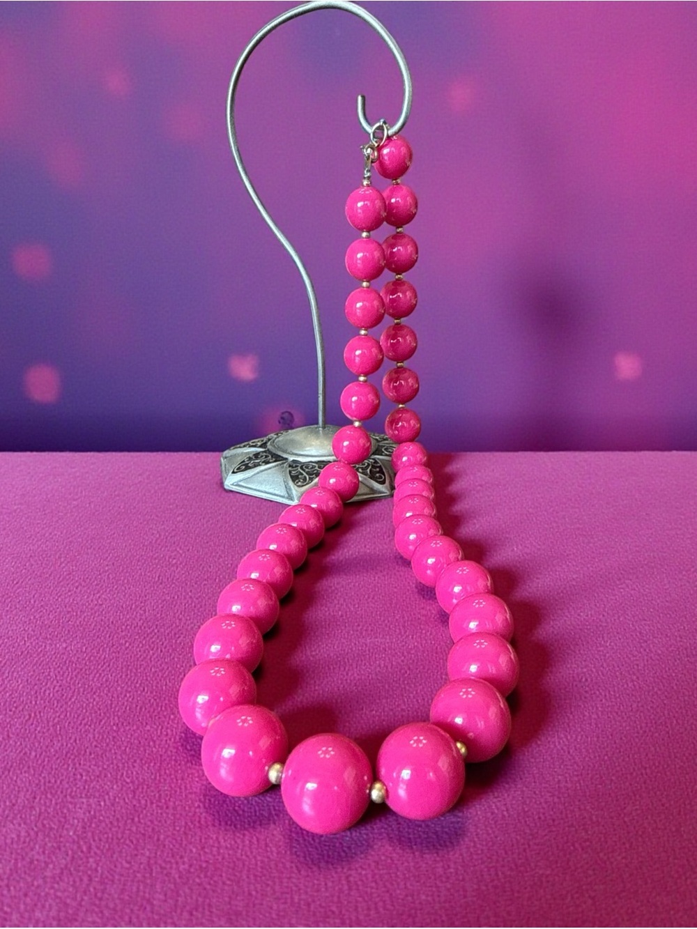 Vintage Hot Pink Fuchsia Beaded Statement Necklace Retro 80s